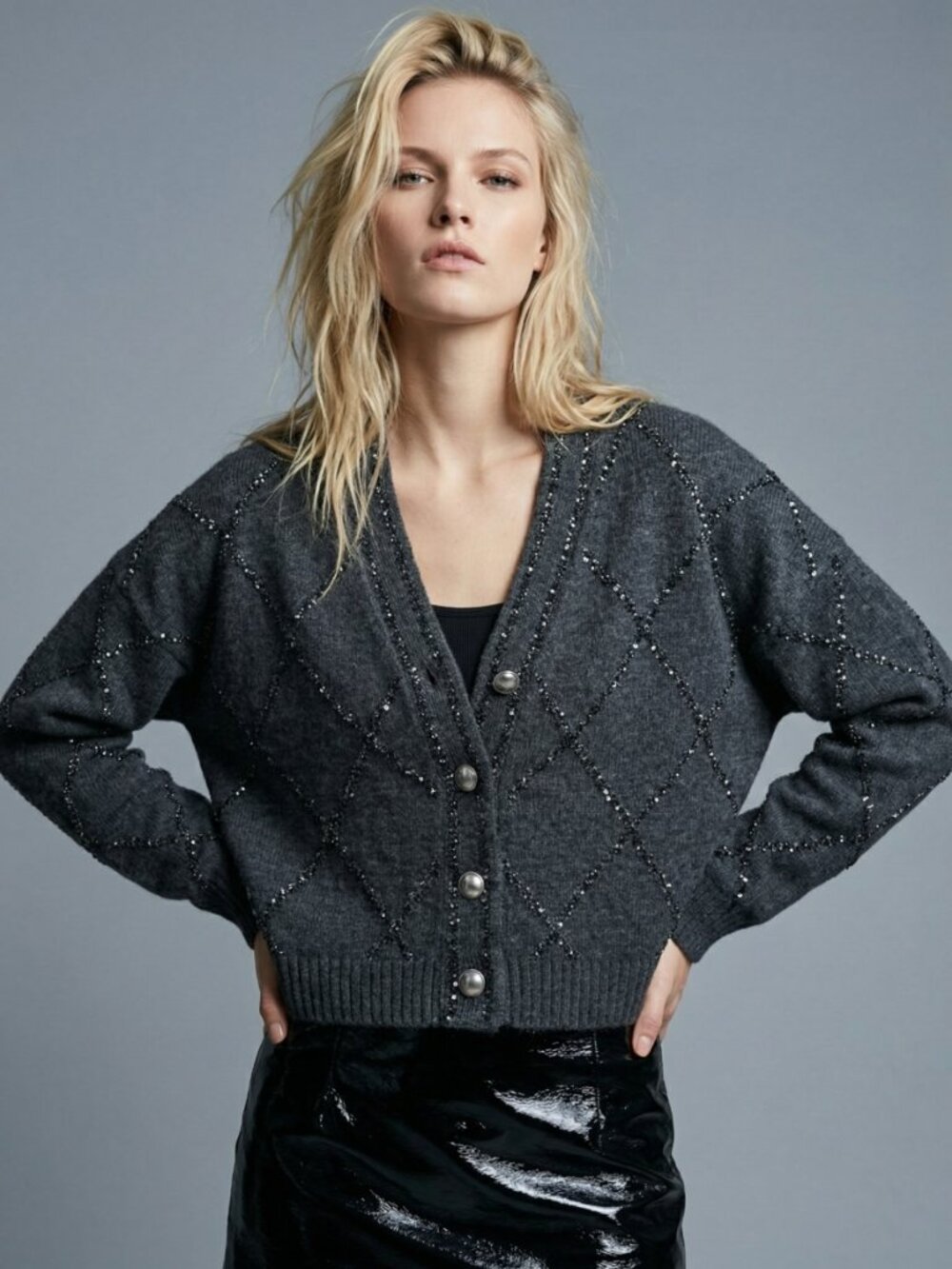 Wool Christian Lacroix Beaded Argyle Cropped Gray Cardigan Designer Knit